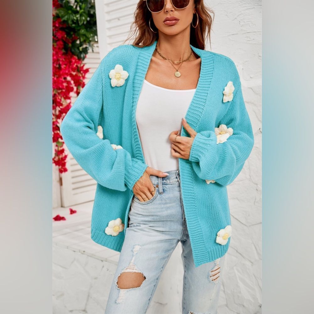 Aqua Blue Contrast Flower Appliqué Detail Floral Open Front Cardigan Sweater